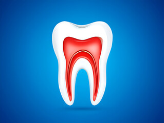 Healthy white tooth with red pulp and roots on blue background dental