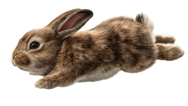 Brown rabbit in motion, mid-leap, ears perked, fluffy fur