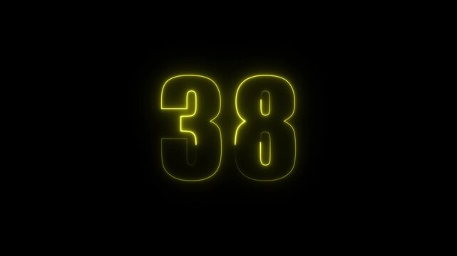 Neon Glowing Number 38 Countdown Animation on Black Background..
