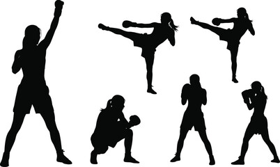 PrintMartial arts and boxing silhouettes of women in dynamic poses including high kick, squatting, and defensive stances for training vector illustration
