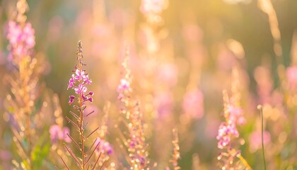 Fototapeta premium A field of vibrant, light-pink flowers bathed in golden sunlight, showcasing a soft, dreamy, and serene ambiance.
