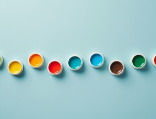 A row of open paint pots showing vibrant colors on a light blue background
