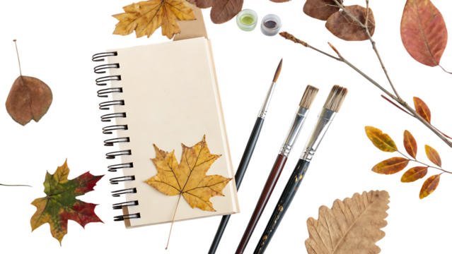 Autumnal Workspace with Blank Sketchbook and Paintbrushes isolated on white and transparent background