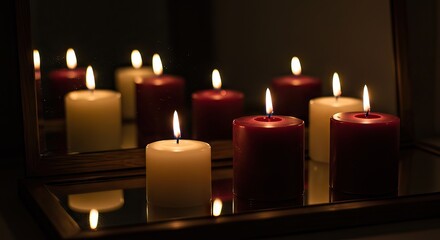 Lit candles of red and white wax sit on a mirrored surface reflected in the frame behind