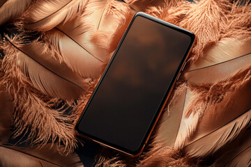 Luxury phone interface with feather-soft background in deep bronze hues