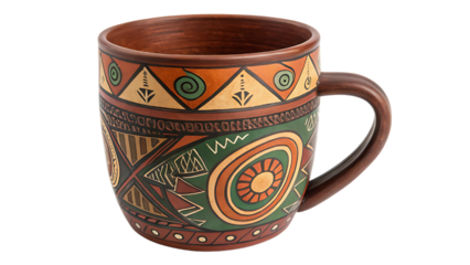 Decorated ceramic mug with handle on black background