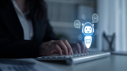AI chatbot virtual assistant interacting with users through AI conversation bubbles, symbolizing AI automation, smart communication, and AI digital artificial intelligence help support Latch