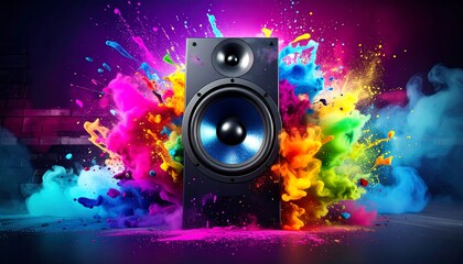 A vibrant, colorful explosion of paint surrounds a powerful black speaker, showcasing dynamic energy and aural intensity.