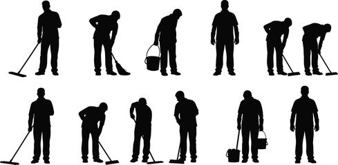 PrintSilhouettes of people performing cleaning tasks including mopping, sweeping, bending, and carrying bucket for hygiene, maintenance, and labor vector illustration themes © Creatives World