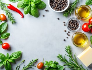 Fresh herbs and spices arranged artfully with olive oil and tomatoes for culinary inspiration