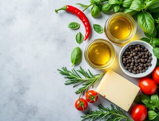 Fresh ingredients for italian cooking featuring olive oil herbs and vegetables