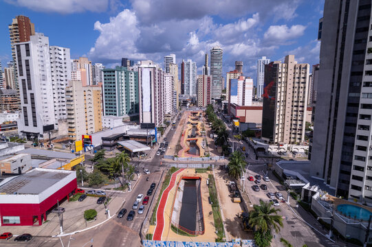 Aerial view of construction work in the city of Belém for the UN Climate Change Conference COP 30, Pará, Brazil. Streets and buildings. Environment, ecology, nature, infrastructure, logistics.