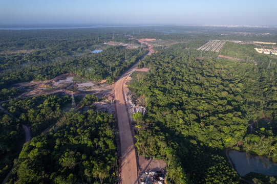 Aerial view of deforestation of a road being built in the Amazon rainforest for the UN Climate Change Conference Cop 30 in Belém, Pará, Brazil. Environment, ecology, nature, logistics, infrastructure.