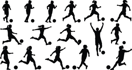 PrintSilhouettes of people playing soccer in dynamic poses including kicking, running, and celebrating for sports, fitness, and action vector illustration