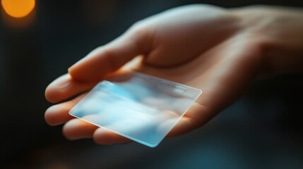 Hand holding transparent ID card, blurred background, possible use as technology concept