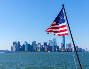 American flag waving over New York City skyline