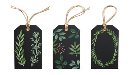 Three black tags with green leaf designs and twine hanging from them