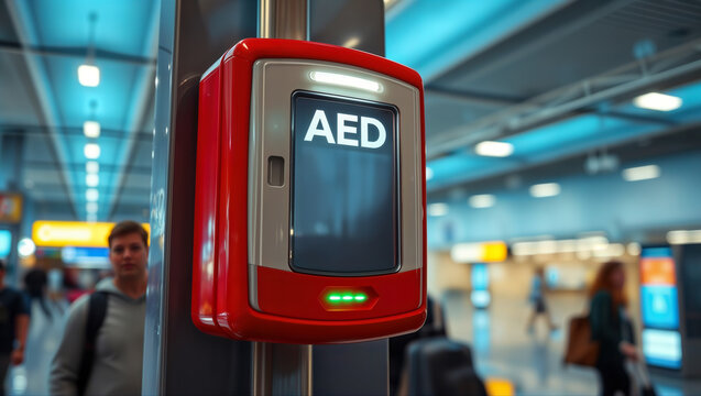 AED device on a wall in a public building for emergencies.
