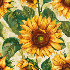 Summer seamless pattern sunflowers with leaves ​on white background
