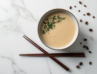 Creamy soup garnished with herbs served with chopsticks on a marble surface