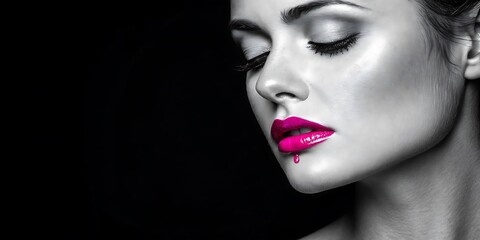 Fototapeta premium Black and White Portrait of a Woman with a Dripping, Vibrant Pink Lip Gloss and a High-Contrast Style.