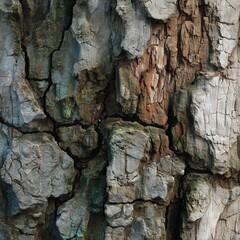 Seamless macro of tree bark with rugged cracks, peeling fibers, and moss patches, photorealistic textures with ultra-detailed 3D realism.