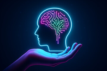 A human hand holding a glowing neon-lit head profile with a futuristic circuit board brain, representing concepts of artificial intelligence