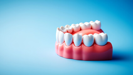 Obraz premium White teeth model on pink gums against blue background dental