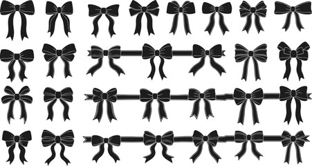 Black bow silhouette collection, decorative ribbon design set, gift wrap accessory, elegant fashion clipart, vector graphic, celebration, festive ornament clip art