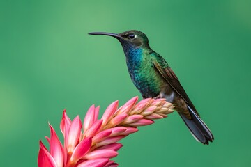 Fototapeta premium Hummingbird Perched on a Pink Flower Against a Green Background image photo