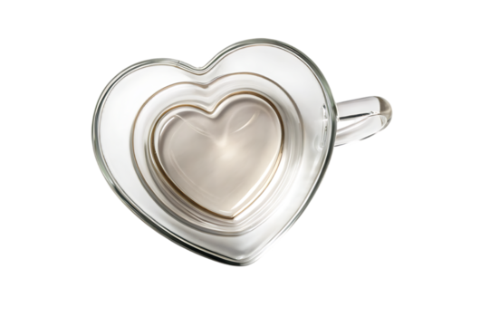 A clear heart shaped glass mug on black background