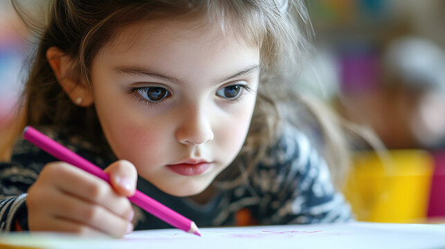 A young Caucasian girl with long brown hair is focused on drawing with a pink crayon. She is in a colorful classroom setting, engaged in creative activity.