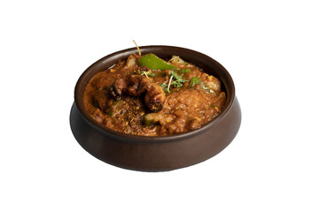 Traditional Goan Chicken Xacuti—rich, aromatic curry served in a rustic brown clay pot, isolated on transparent background for food and culinary projects.