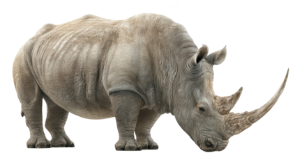 Large, gray rhino with prominent horns, isolated against a transparent background