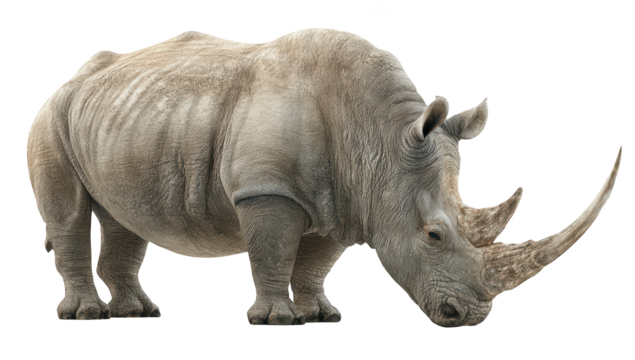 Large, gray rhino with prominent horns, isolated against a transparent background