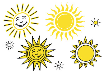 Vector art of collection of cheerful sun illustrations with smiling faces and radiant rays for summer and sunny day designs
