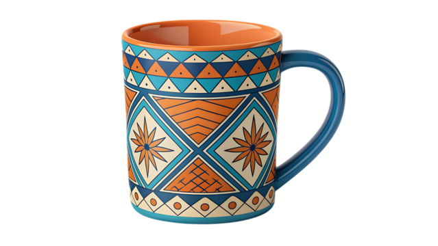 Ceramic mug with geometric patterns on black background