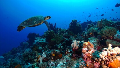 Sea turtle swimming over vibrant coral reef
