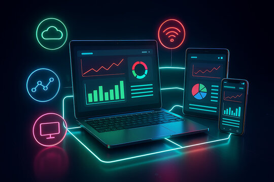 Responsive web design dashboard displayed across laptop, tablet, and smartphone with neon-lit analytics and data icons for business and technology concepts
