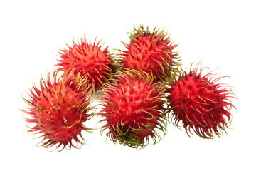 Five Rambutan Fruits with Spiky Red Hairs on Background exotic fruit tropical fruit isolated on a transparent background
