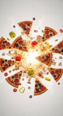 A vibrant explosion of pizza slices with toppings, radiating outwards and creating a dynamic visual effect.