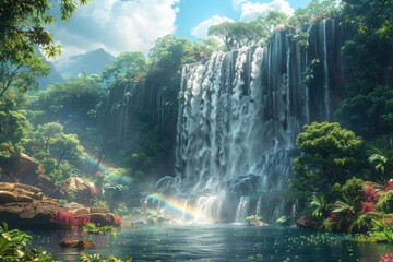 A waterfall cascading into a pool with a rainbow present 