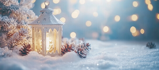Christmas Lantern on Snow with Christmas Decorations