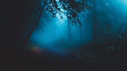 Fototapeta premium Misty Forest Path in Blue Hued Morning Light with Dense Trees and Faint Fog