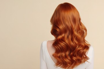 Fototapeta premium A woman's back view showcases voluminous, wavy, auburn hair against a soft beige backdrop.