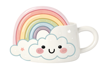 A cute mug with cloud face and rainbow design