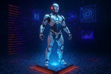 A futuristic humanoid robot standing on a glowing microchip in a digital circuit environment, surrounded by holographic data displays with binary code and graphs