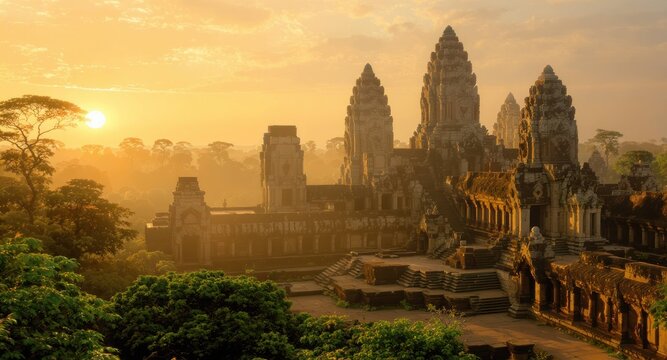 Ancient temple complex basks in golden sunrise light amidst lush jungle