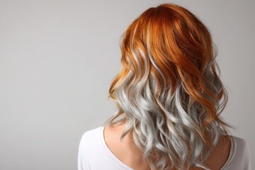 Fototapeta premium Vibrant auburn and silver highlights cascade down a woman's wavy hair against a neutral backdrop.
