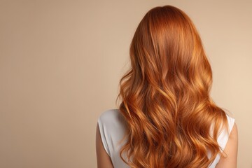 Fototapeta premium A back view showcases a person with voluminous, wavy auburn hair against a soft beige backdrop.